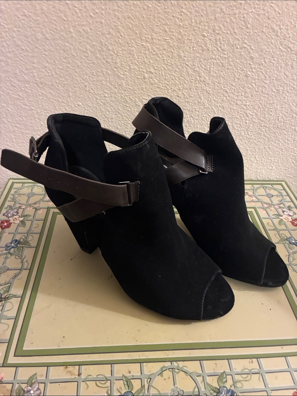 Soda Black Suede Open-Toe Ankle Heels with Brown Strap